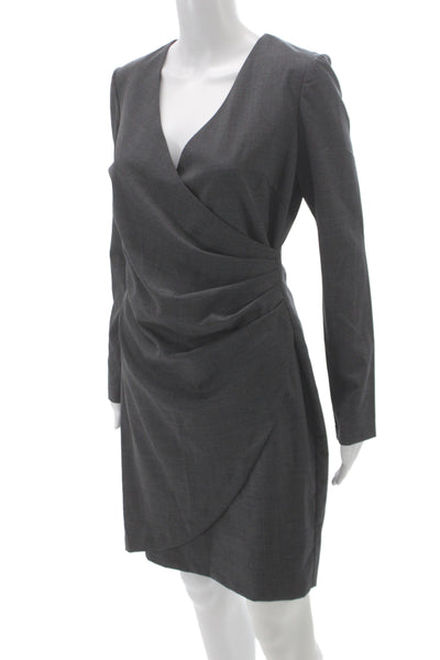 Barneys New York Women Gray Wool Wrap Dress Long Sleeve V Neck Size 4