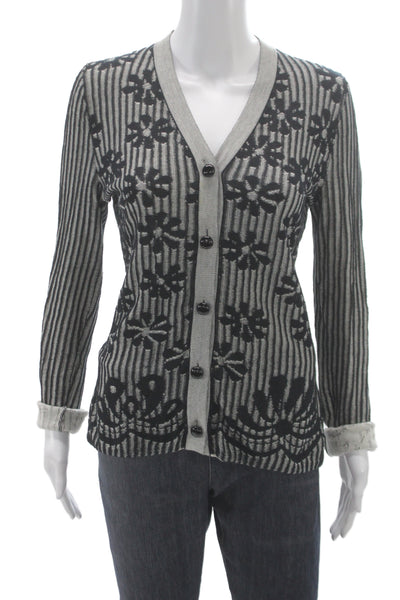 Bottega Veneta Womens Black Floral V-Neck Cotton Cardigan Long Sleeve Size 42