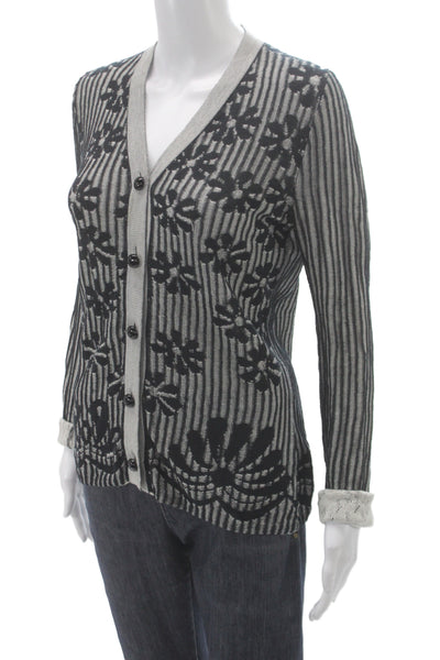 Bottega Veneta Womens Black Floral V-Neck Cotton Cardigan Long Sleeve Size 42
