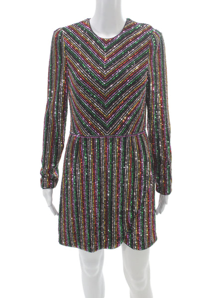 Saylor Womens Multicolor Striped Mini Dress Long Sleeve Zip Round Neck Size M