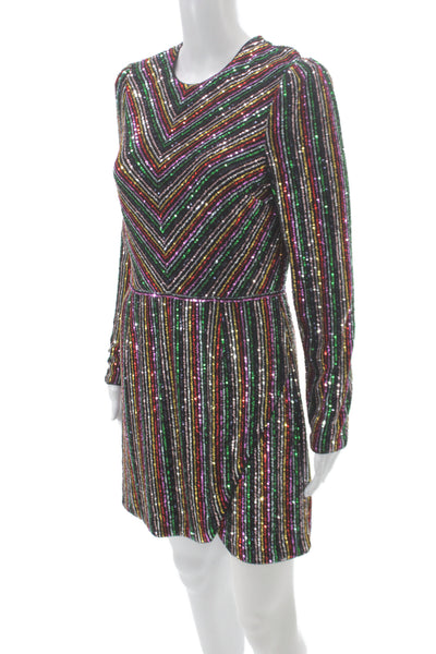 Saylor Womens Multicolor Striped Mini Dress Long Sleeve Zip Round Neck Size M