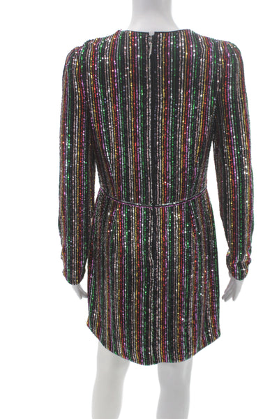 Saylor Womens Multicolor Striped Mini Dress Long Sleeve Zip Round Neck Size M