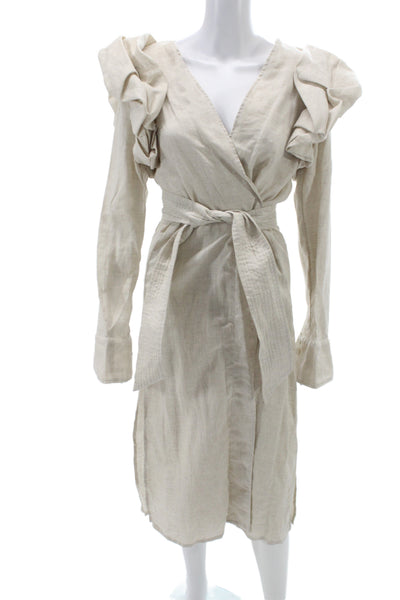 Designer Womens Wrap Dress Beige Linen V-Neck Long Sleeve Boho Size 10