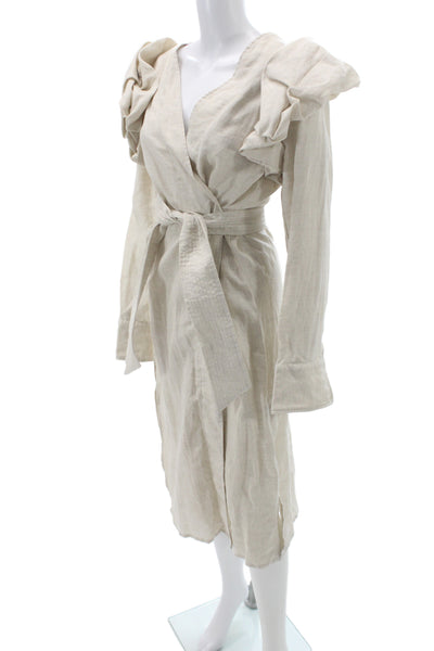 Designer Womens Wrap Dress Beige Linen V-Neck Long Sleeve Boho Size 10