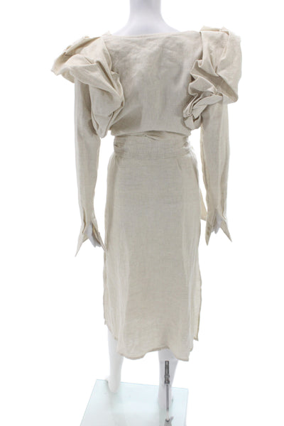 Designer Womens Wrap Dress Beige Linen V-Neck Long Sleeve Boho Size 10
