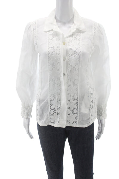 Temptation Women White Linen Collared Long Sleeve Button Blouse Size S