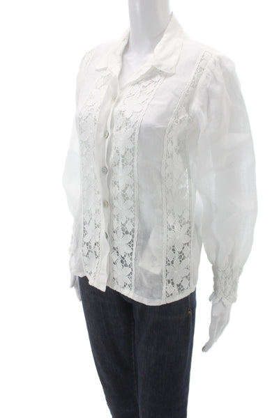 Temptation Women White Linen Collared Long Sleeve Button Blouse Size S