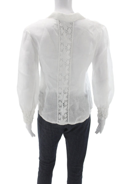 Temptation Women White Linen Collared Long Sleeve Button Blouse Size S