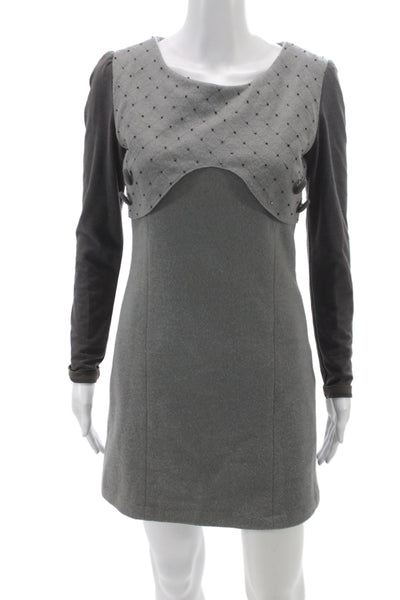 Moncler Women Sheath Dress Gray Wool Long Sleeve Scoop Neck Button Size M