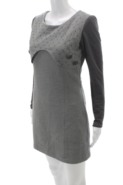 Moncler Women Sheath Dress Gray Wool Long Sleeve Scoop Neck Button Size M