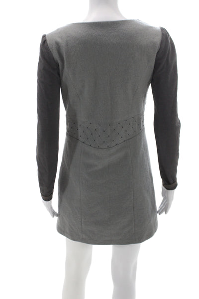 Moncler Women Sheath Dress Gray Wool Long Sleeve Scoop Neck Button Size M