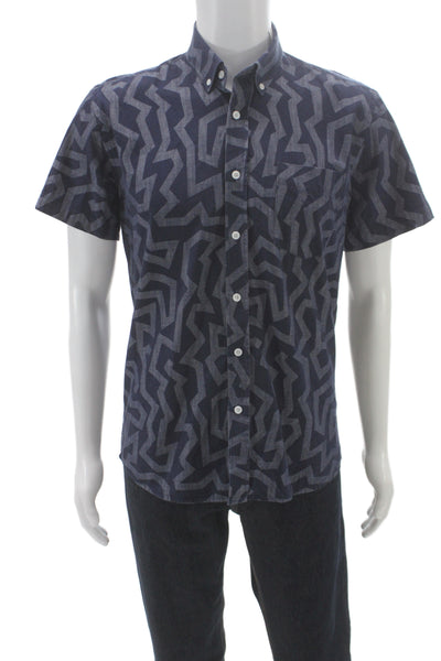 Saturdays NYC Mens Button Front Short Sleeve Collared Shirt Blue Cotton Medium