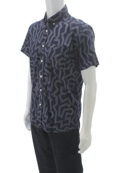 Saturdays NYC Mens Button Front Short Sleeve Collared Shirt Blue Cotton Medium