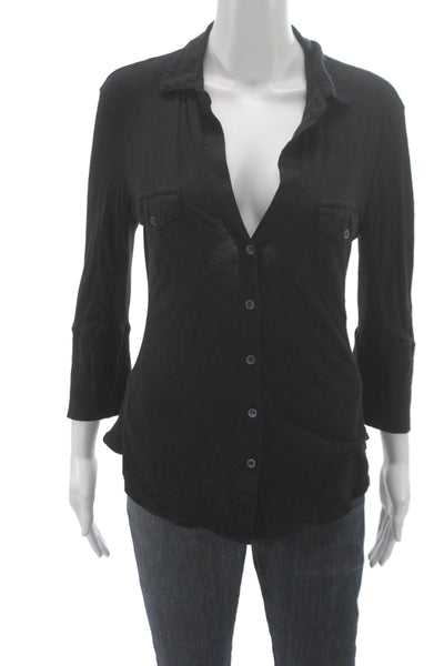 Standard James Perse Women Collared Cotton Black Button-Up 3/4 Sleeve Size 3