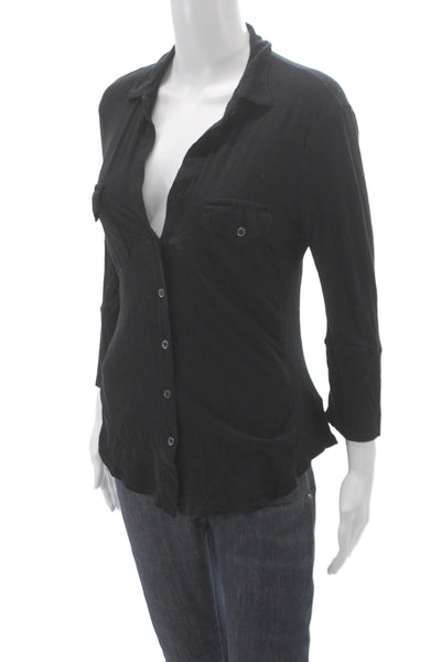 Standard James Perse Women Collared Cotton Black Button-Up 3/4 Sleeve Size 3