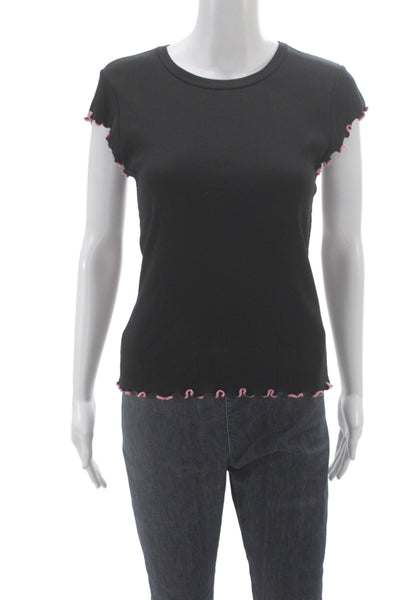 Veronica Beard Women Black Ribbed Knit Crewneck Tee Short Sleeve Size S