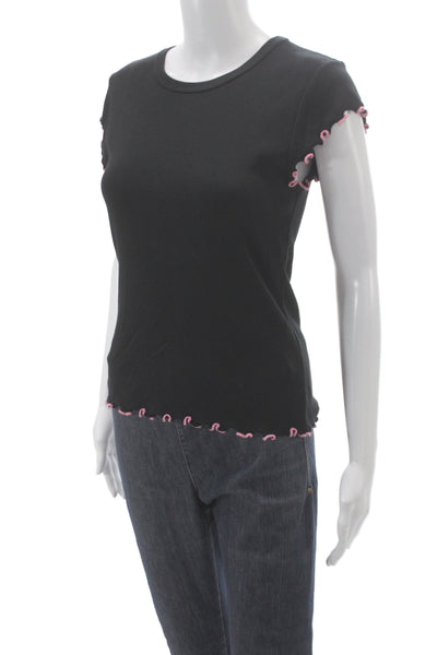 Veronica Beard Women Black Ribbed Knit Crewneck Tee Short Sleeve Size S