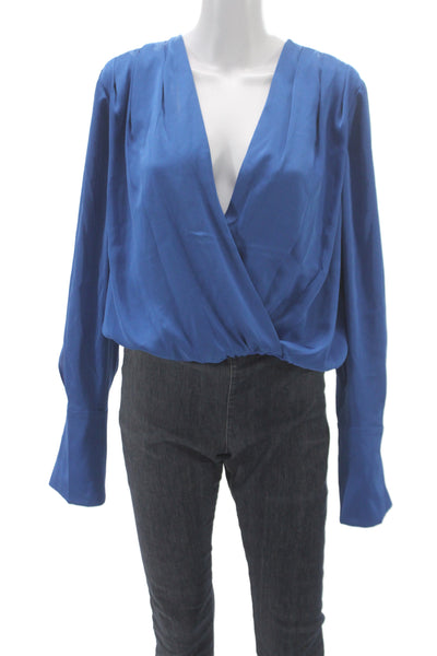 Favorite Daughter Women Basic Blue Polyester V Neck Long Sleeve Blouse Size L