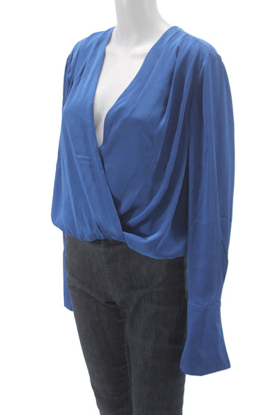 Favorite Daughter Women Basic Blue Polyester V Neck Long Sleeve Blouse Size L