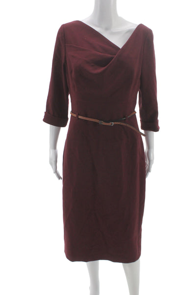 Black Halo Women Red Sheath Dress Cowl Neck 3/4 Sleeve Knee Length Size 14
