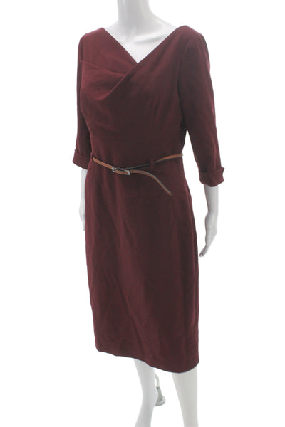 Black Halo Women Red Sheath Dress Cowl Neck 3/4 Sleeve Knee Length Size 14