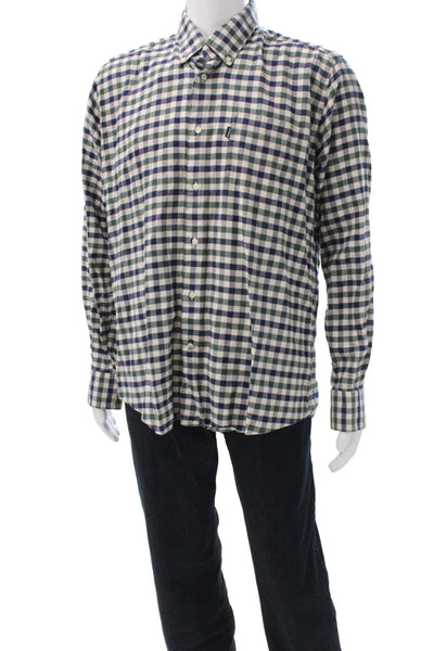 Barbour Mens Button Up Long Sleeve Collared Plaid Shirt Green White Blue Large