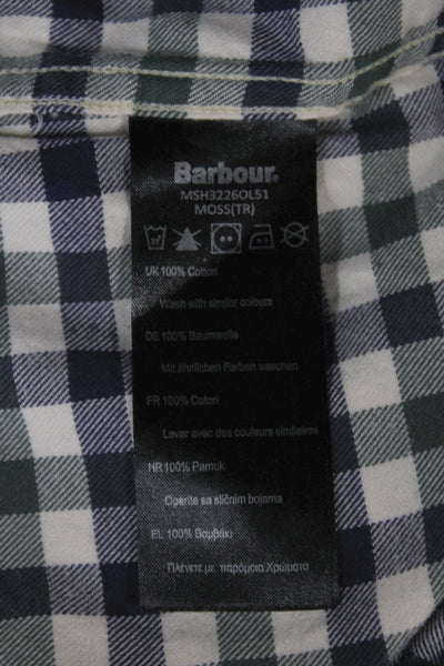 Barbour Mens Button Up Long Sleeve Collared Plaid Shirt Green White Blue Large