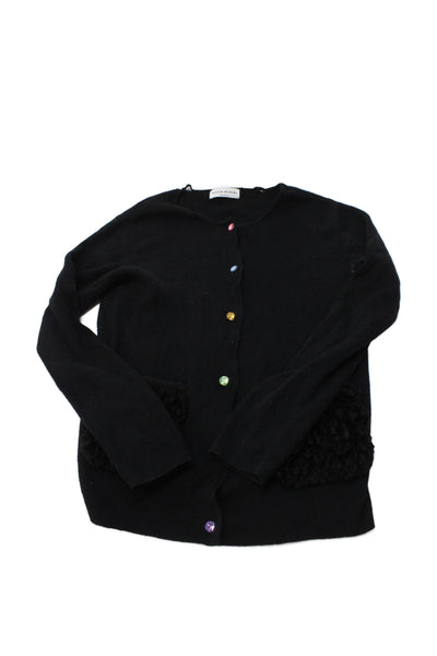 Sonia Rykiel Girls Button Up Ribbed Knit Fuzzy Pocket Cardigan Sweater Black 12
