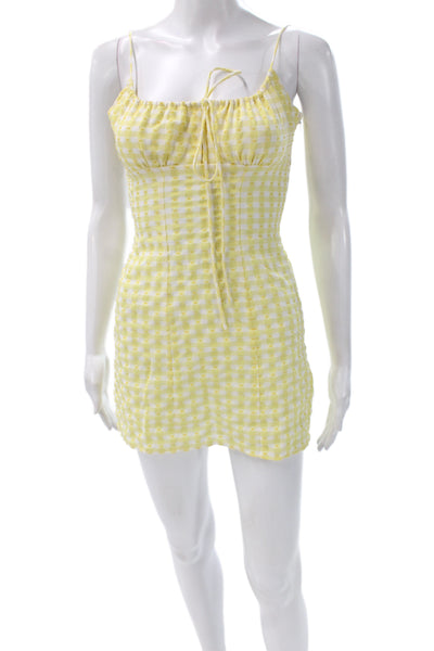 Edikted Women Mini Gingham Lace Up Sleeveless Square Neck Yellow Dress Size XS