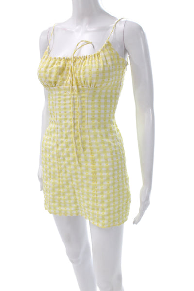 Edikted Women Mini Gingham Lace Up Sleeveless Square Neck Yellow Dress Size XS