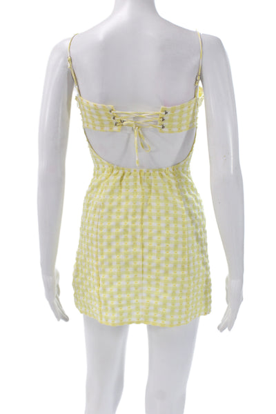 Edikted Women Mini Gingham Lace Up Sleeveless Square Neck Yellow Dress Size XS