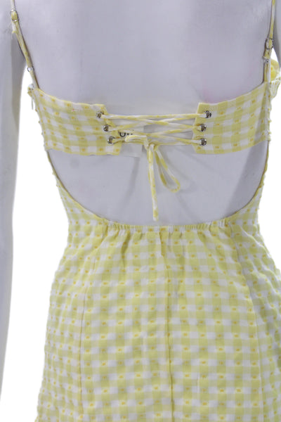 Edikted Women Mini Gingham Lace Up Sleeveless Square Neck Yellow Dress Size XS