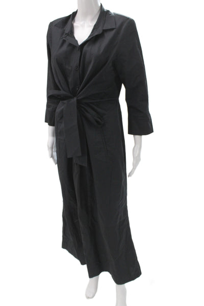 Elie Tahari Women Shirt Dress Black Cotton 3/4 Sleeve Midi Button Size 12