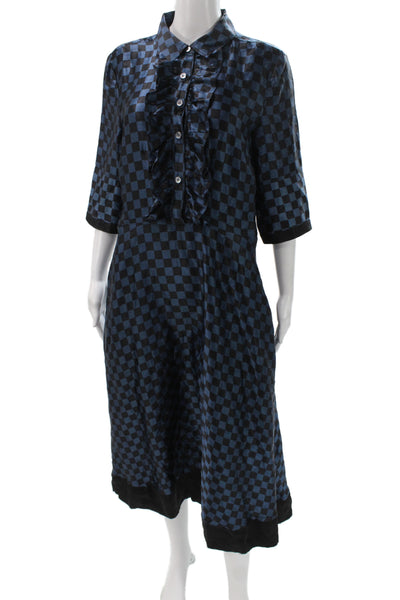 Marc By Marc Jacobs Women Black Silk Shirt Dress Check 3/4 Sleeve Size 10