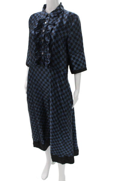 Marc By Marc Jacobs Women Black Silk Shirt Dress Check 3/4 Sleeve Size 10