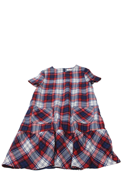Vineyard Vines Girls Back Zip Short Sleeve Plaid Shift Dress White Red Blue 16