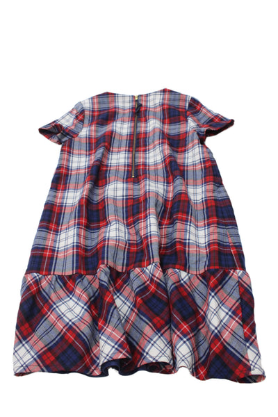 Vineyard Vines Girls Back Zip Short Sleeve Plaid Shift Dress White Red Blue 16