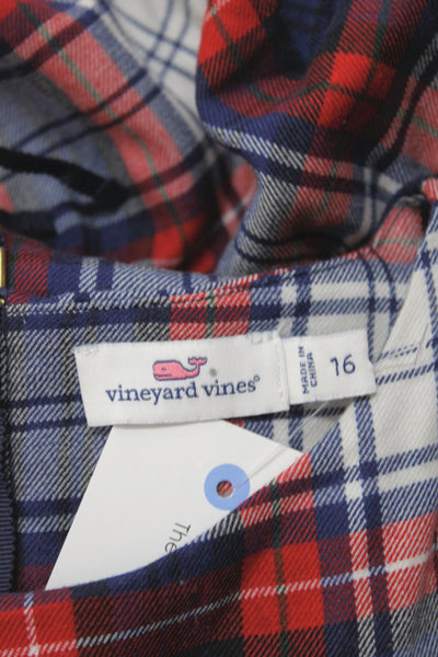 Vineyard Vines Girls Back Zip Short Sleeve Plaid Shift Dress White Red Blue 16