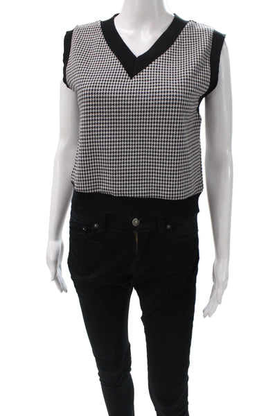 Mila Women Houndstooth Sweater Vest Black V-Neck Sleeveless Size S