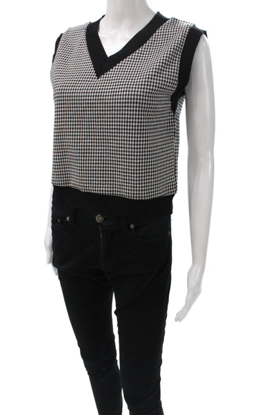 Mila Women Houndstooth Sweater Vest Black V-Neck Sleeveless Size S