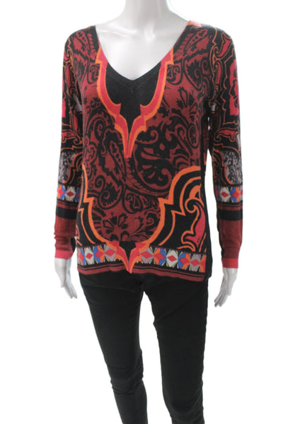 Etro Women Pullover Sweater Multicolor Paisley V-Neck Long Sleeve Knit Size 42