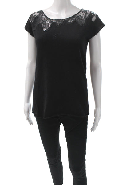 Marccain Women Basic Lace Scoop Neck Wool T-Shirt Short Sleeve Black Size 8