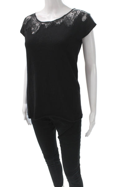 Marccain Women Basic Lace Scoop Neck Wool T-Shirt Short Sleeve Black Size 8