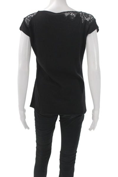 Marccain Women Basic Lace Scoop Neck Wool T-Shirt Short Sleeve Black Size 8