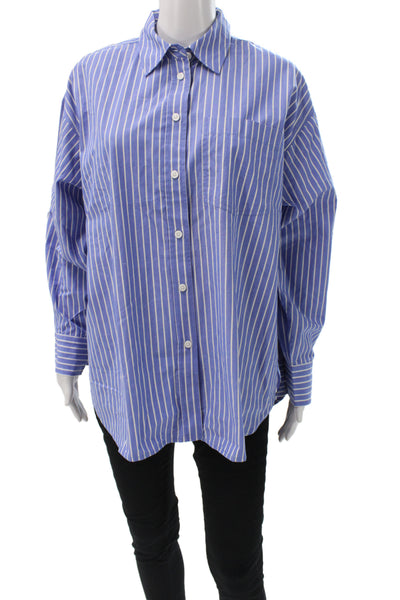 J Crew Women Blue Striped Cotton Collared Tunic Button-Up Long Sleeve Size PM