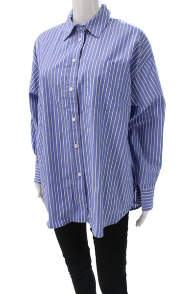 J Crew Women Blue Striped Cotton Collared Tunic Button-Up Long Sleeve Size PM