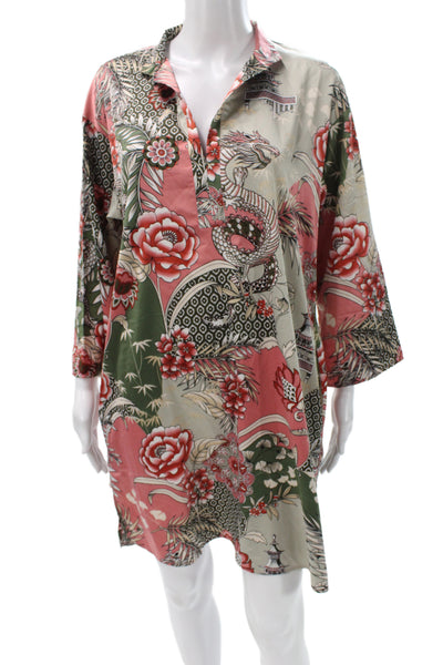 Natori Womens Tunic Collared Floral 3/4 Sleeve Short Size S