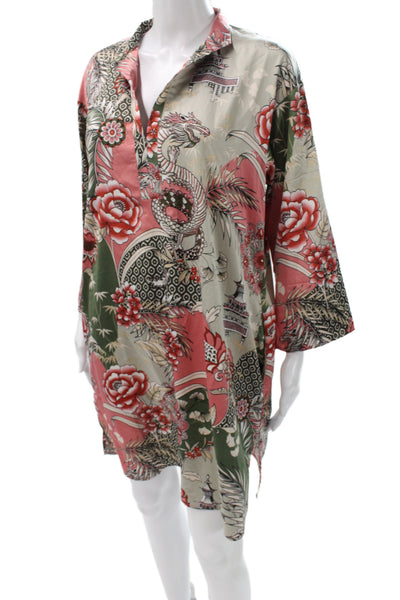 Natori Womens Tunic Collared Floral 3/4 Sleeve Short Size S