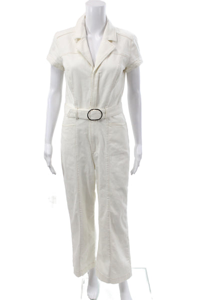 Paige Women White Collared Short Sleeve Jumpsuit Buckle Size 4