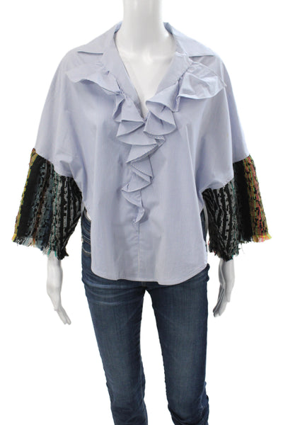 Tome Women Striped Collared Long Sleeve Basic Blouse Blue 98% Cotton Size XS